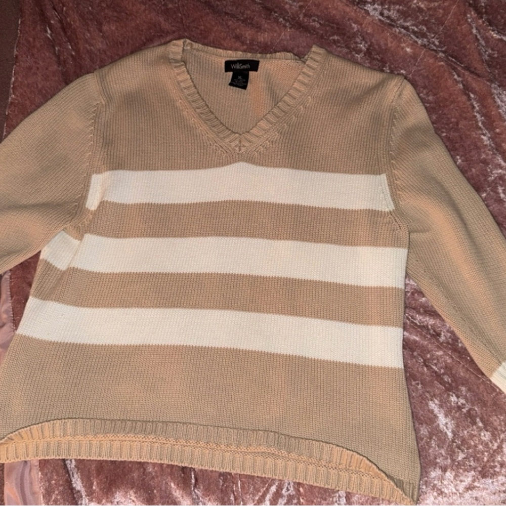Willi Smith Tan and Cream V-Neck Sweater Classic Knit